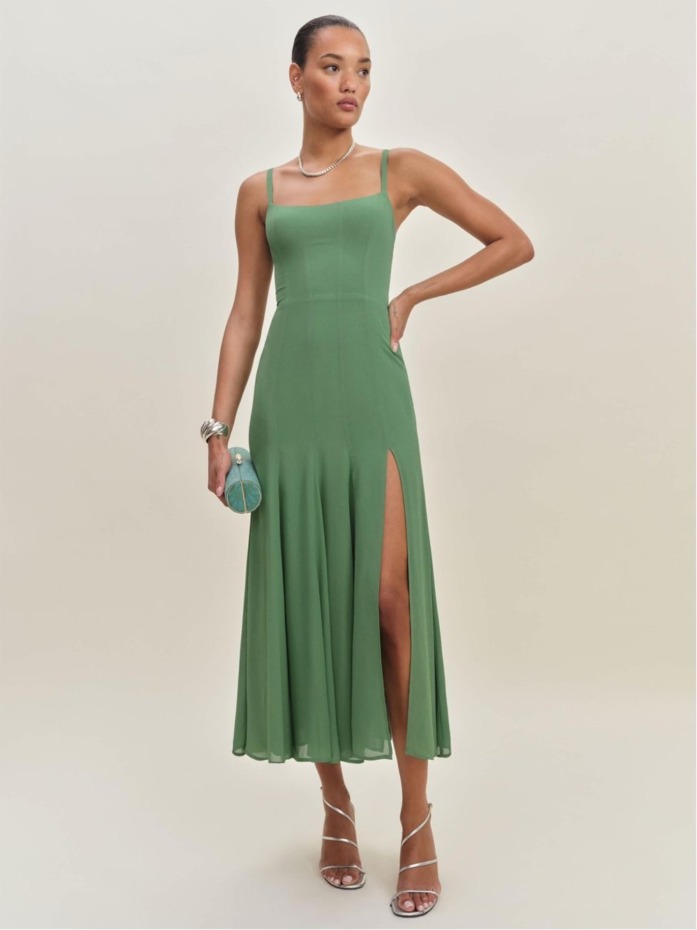 Reformation Green Midi Dress with Side Slit